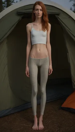 29 year old young adult woman, (tall), (white skin), redhead, shy smile, unexpected camera, (capturing full body, surprised expression), best quality, photorealism, masterpiece, green eyes, just woke up, (very skinny:1.5), (thin legs:1.5), narrow waist, freckles, shamrock pajama pants, ample pajama top revealing breasts and hard nipples, tiny perky breasts, camping tent, sleeping bag, 6 foot tall