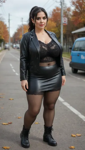 Milf, 35 years old, chubby, perfect anatomy, bright makeup, black hair in a high ponytail, huge breasts, open-neck leather jacket, transparent mesh T-shirt, accountant with lace, leather mini skirt, tights, boots, full-length view, autumn, standing at a bus stop, <lora:milkers_v2:1.3>