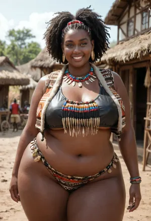 Bbw, african village outdoor, tribal village, bbw black woman with huge tits, wearing typical african vest, thight clothes, thick body, bbw, smiling, micro clothes
