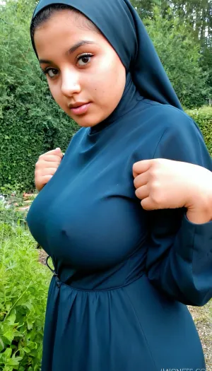 A big-breasted curvaceous, thick and chubby 18 yo. Iraqi girl, beautiful makeup, in a Swedish backyard with overgrown weeds, (cute face, innocent and naive, very youthful sexy shy tween student), ((dark brown skin girl:1)), hijab, thin abaya, stylish designer Muslim woman clothes, looking scared, closeup, A, teenager, girl, <lora:a teenager girl:1>, dark, skin, <lora:Darker_skin_SDXL:.8>, <lora:306097_training_data:.8>