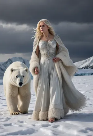 A vast, snowy landscape with a polar bear walking alongside a woman. The woman is adorned in a fur-clad outfit, complete with intricate beadwork and tassels. Her hair flows wildly, suggesting the force of the wind. The bear appears majestic and unperturbed, while the woman seems to be in a contemplative mood. The backdrop is dominated by a stormy sky and the undulating waves of a frozen sea.