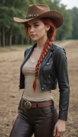 1 German woman, ((just one long braid, red hair)), medium close-up, western, cowboy hat, cowboy leather pants, cowboy boots, cowboy belt, cowboy shirt long sleeves, cowboy leather vest, long cowboy leather coat