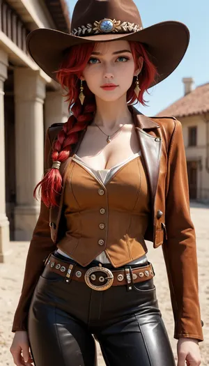 1 German woman, just one long braid, red hair, medium close-up, western, huge chest circumference, cowboy hat, cowboy leather pants, cowboy boots, cowboy belt, cowboy shirt long sleeves, cowboy leather vest, long cowboy leather coat