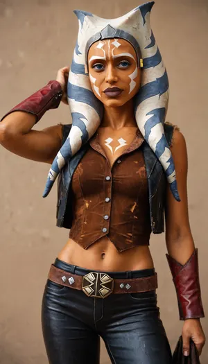 ((((Ahsoka Tano)))), solo, medium close-up, western, ((huge chest circumference)), cowboy hat, cowboy leather pants, cowboy boots, cowboy belt, cowboy shirt long sleeves, cowboy leather vest, long cowboy leather coat