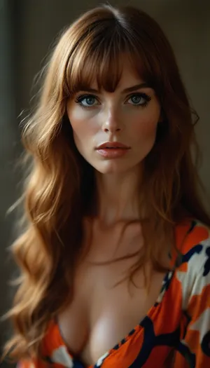 ziprealism, (style of Richard Avedon:1.4), , (Vintage Kodachrome fashion photograph:1.4), , (vibrant auburn hair, long flowing hair, blunt bangs cut:1.2), , (teardrop breasts, large natural breasts:1.2), , (Twiggy style, bold geometric print A-line minidress), , (dramatic false eyelashes, white eyeliner on the waterline, doe-eyed makeup), , (medium closeup, Dutch Angles, sharp focus, focus on breasts), , but, <lora:BUT_SDXL_SHS:.8>, <lora:MJ52:.8>, <lora:bombshell_v2:.8>