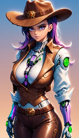 ((female sombra from overwatch)), perfect robotic hourglass body, robotic face, robotic hair, robotic fullbody, solo, medium close-up, western, ((huge chest circumference)), cowboy hat, cowboy leather pants, cowboy boots, cowboy belt, cowboy shirt long sleeves, cowboy leather vest, long cowboy leather coat