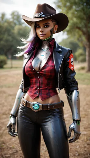 ((sombra from overwatch)), perfect robotic hourglass body, robotic face, robotic hair, (((((robotic fullbody))))), solo, medium close-up, western, ((huge chest circumference)), cowboy hat, cowboy leather pants, cowboy boots, cowboy belt, cowboy shirt long sleeves, cowboy leather vest, long cowboy leather coat