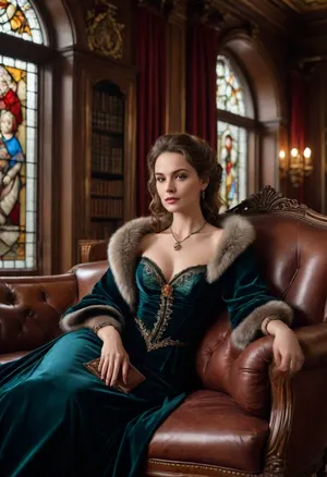A beautiful portrait of a Victorian-era aristocratic 35yo woman lounging gracefully on a lavish leather sofa in an extravagant library. Dressed in an simple but noble velvet gown, she radiates elegance and sophistication. Her fur-trimmed shawl enhance her regal presence, while the grand decor, stained glass windows, and antique furnishings contribute to the scene's timeless luxury.