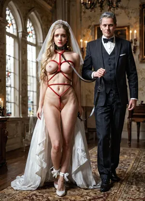 8k, uhd, dramatic shadows, ultra-realistic, dark tones, hyper-realistic, maximum details, full body, full-sizy view, Victorian England interior, candle-lit room, (1woman 1man), (focus on woman), naked woman clothed man, (((naked tied blonde woman))), (womans face maximum detailed), (woman has big sad eyes, woman has black eyes, expressive eyes, womans eyes open, long thick eyelashes), 30yo girl, woman has ideal slender figure, woman has ideal long slender legs, she is adult, pretty face, ((woman has blonde hair)), woman has submissive face expression, thin waist, (((woman is naked))), she in white shoes, woman has very long blonde hair, she in white stockings, on her head veil like a bride's, leather collar with leash on her neck, (she is slender), (sad woman), she has hairy pussy, ((womans breasts tied, shibari)), ((men is 50yo)), ((he is mature)), (detailed realistic leash from womans colar to mans hand), ((man has grey hair)), (((man wearing a formal Victorian England suit))), ((They are standing)), ((man holds leash from her collar)), on background group of men in a formal Victorian England suits, <lora:CuteLora:.8>, very long hair, <lora:verylonghairv2:.8>, <lora:580159_training_data:.8>