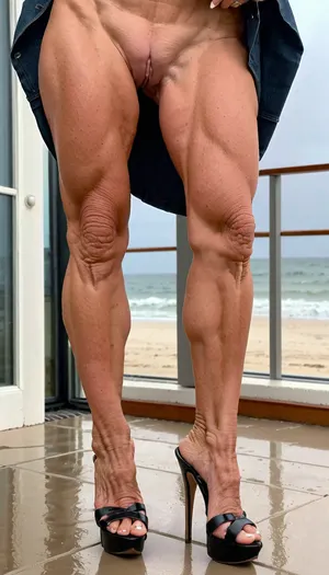 jeans, standing milf, just close up long legs, wearing a tight jeans pant, gilf woman, naked pussy, very old bodybuilding body, big pussy labia, muscular legs in black stiletto platform mules high heels, from front view, muscles stiration, stand broad, strong calves, in penthouse, close up feets, platform mules, on a tield floor, mules, on the beach in the rain, skirtlift, wearing a jean, <lora:skirtlift_xl:.8>