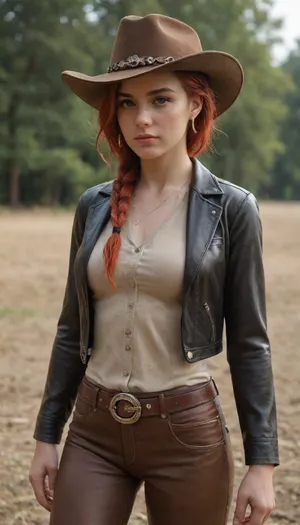 1 German woman, ((just one long braid, red hair)), medium close-up, western, cowboy hat, cowboy leather pants, cowboy boots, cowboy belt, cowboy shirt long sleeves, cowboy leather vest, long cowboy leather coat