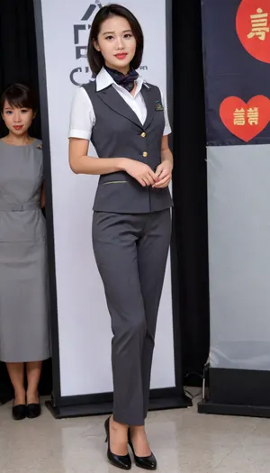 A fashion show for CHINESE stewardess, (stewardess uniform, grey color waistcoat, white short sleeve shirt, long grey pants, black flat heels:1.2), Chinese females, chinese face, featuring a simple background wall with a large, eye-catching banner that reads "2025 Miss China" ，acurate english text, ultra-detailed, highres, follow reference image text style, CFG 13, denoising 0.4. On the stage, several beauty pageant contestants stand gracefully., (zhouhaimei:1.3), short black hairstle, blushing face, shameful, embarrassed, matured, close up, slender body, beautiful long legs, (1.2), full body photo, (black stewardess flat shoes:1.2), small square blue scarf, beautiful face, ankle, The scene is photorealistic, with vibrant colors, soft stage lighting, and ultra-high detail, 4K resolution, zhouhaimei, <lora:h41ry:.9>, <lora:alitfina100Ep:1.1>, <lora:zhouhaimei_XL_0_:1.8>