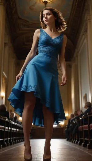 upskirt photo of an woman in a blue dress