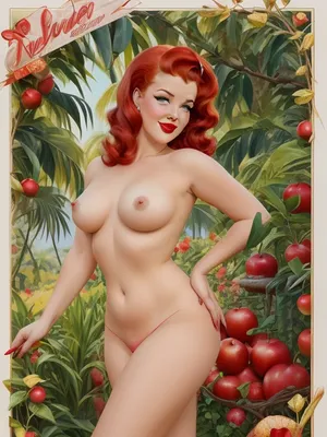 redhead 1950s pinup model with a red apple in her hand as Eve in The Garden of Eden, 1950s beauty standards, ((poses for pin-up, pinup pose)), paradise garden as background, artwork, sharp lines, flat colors, (drawn pinup girl:1.3), 1950s pin-up style, drawn pin-up, (totally bare, fully nude, completely naked), (full-length image)