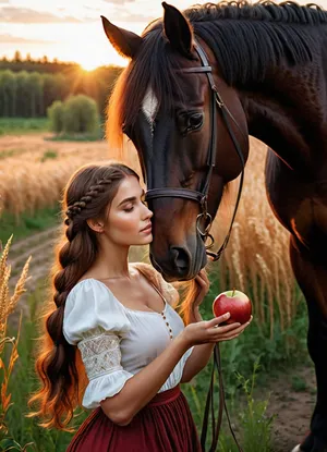 Super realistic image, full color image, 8K quality, super detail, masterpiece, sunset, meadow, creek bank, beautiful young woman with long hair gathered in a braid, in a Russian sarafvn, feeding a huge black horse with a fiery mane and a fiery puffy tail with an apple from her hand, the whole body in the frame, side view