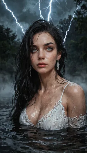 A 25 year old white woman with long black hair, lightning around her head, in a dark environment with fog and water