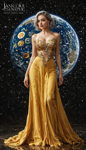 a painting of a woman in a yellow dress, heavy metal comic cover art, space theme, pin-up girl, silver and yellow color scheme, where the planets are candy, inspired by Joyce Ballantyne Brand, full, body artwork, lunar themed attire, golden age illustrator, blue and black color scheme