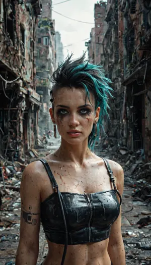 Sexy punk in a dirty Ghetto street, ruins, cyberpunk, bioimplants, cable come out of her body