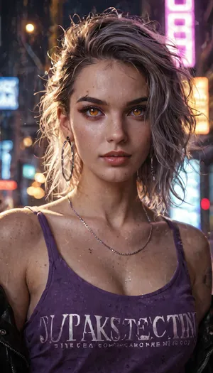 a girl in a purple top in a neon city, in the style of chinapunk, iconic album covers, soft-focus portraits, luke fildes, light amber and silver, exotic, captivating lighting