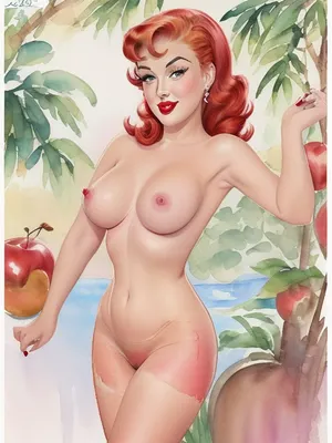 (((hand-drawn image), (aquarelle watercolor image))), redhead 1950s pinup model with a red apple in her hand as Eve in The Garden of Eden, 1950s beauty standards, ((poses for pin-up, pinup pose)), paradise garden as background, artwork, sharp lines, flat colors, (drawn pinup girl:1.7), 1950s pin-up style, drawn pin-up, (totally bare, fully nude, completely naked:1.5), (full-length image)