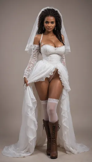 African american, wide hips, ass, boots, ghetto, 60 years old bottomheavy, horny face, sultry, gigantic tits, cleavage, side, slutty, sexy, legs, white, thighhighs, (long, hair:1.7), hair, on, one, eye, braided, frills, puff, sleeves, (white, bridal, dress, veil:1.5), <lora:Nier_Automata_2B_White_Wedding_Dress_Bride_Cosplay_Realistic_LoRA:.4>