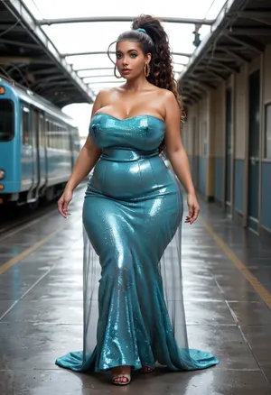 Desi aunty bimbo, extremely chubby, extreme hyper colossal round booty, booty bigger than torso, hyper colossal fake boobs, extremely large areola, extremely puffy nipple, thin waist, muscular abs, no underwear, she wears a see-through mermaid gown, backless, off-shoulder, strapless, shiny metallic color, made by silk, glitter detail, extremely long train touch the ground, hair style ponytail, walking, front view