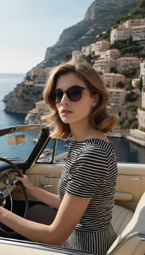 "A captivating young woman drives a vintage convertible along the winding coastal roads of 1960s Monaco, framed in moody black and white or washed-out pastel tones. Her bobbed hair tousles in the breeze, a Gauloises cigarette in hand, and a distant, thoughtful gaze behind dark sunglasses. The Riviera sparkles below, but her world is quiet, introspective — jazz crackles on the radio, and the soft hum of the engine fills the silence. She’s dressed in minimalist Mod fashion — striped boatneck top, high-waisted trousers, ballet flats — embodying that raw, cinematic charm of the French New Wave. The scene is spontaneous, melancholic, and alive with a subtle sense of rebellion and existential longing. Capture the fleeting poetry of a soul in motion — freedom, beauty, and the search for meaning under the Monaco sun."