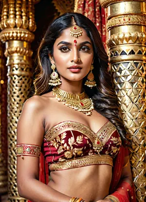 “19 years stunning, glamorous girl with small chubby body in an opulent royal setting, wearing a bold and sensuous fantasy inspired Indian style outfit. She poses confidently with her hands behind her head, exuding elegance and . Her power outfit is adorned with intricate gold embroidery, precious gemstones in red and black, and delicate transparent saree fabric draping gracefully over her hips., (Not wearing bra and panties), She wears traditional Indian jewelry including a maang tikka, choker, earrings, and bangles, all shimmering with golden detail. Her long, wavy hair flows down her shoulders, her makeup is dramatic with bold eyes and lush lips, and the backdrop features rich velvet curtains, carved pillars, and soft magical lighting with sparkling star-like effects, creating a cinematic and luxurious royal atmosphere. Ultra realistic, high detail, 8K, studio lighting, fantasy meets regal glamour.
Arabian theme, modern fusion, Cinematic and luxurious, view alutrawide angle, wide angle, full extra wide angle, full portrait, 4k details, extra detail, soft hands, sober face