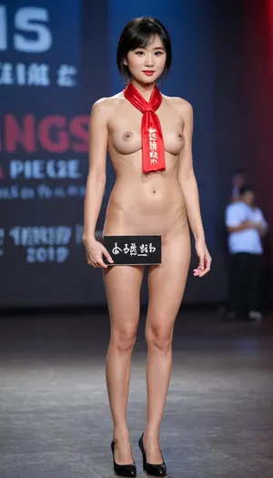 Full body photo of a china woman of 28 yo, naked, beauty pageant, standing on stage, (holding a sign with words 'MISS CHINA 2025':1.3), short black hair, stewardess hairstyle, black flat shoes, short silk transparent thin socks, subtle makeup, nude, hairy pussy, thick dence pubic hair, wearing stewardess small silk scarf, slender body, color photo, highly detailed, sharp focus, cinematic lighting, tears, embarrassed, wet, sweaty