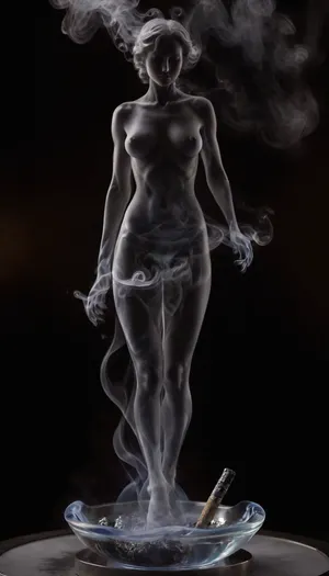 (masterpiece, best quality, ultra-detailed, cinematic lighting, 8k), Ethereal Venus sculpture made of smoke, standing in ashtray, bar, smokeart, fog, <lora:magik_smoke_v1.2:.8>, <lora:Smoke_Art:.8>