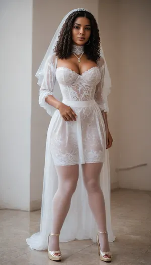 Solo, African american, dark skin, ebony skin, wide hips, wide ass, boots, ghetto, 60 years old bottomheavy, horny face, sultry, gigantic tits, cleavage, slutty, sexy, heels, high heels, legs, white, thighhighs, (long, hair:1.7), hair, on, one, eye, braided, frills, puff, sleeves, (white, bridal, dress, veil:1.5), tpsp, <lora:Nier_Automata_2B_White_Wedding_Dress_Bride_Cosplay_Realistic_LoRA:.6>, <lora:Torpedo_Tits_Anime-GMR-000007:1.2>