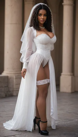 Solo, African american, dark skin, ebony skin, wide hips, wide ass, boots, ghetto, 60 years old bottomheavy, horny face, sultry, gigantic tits, cleavage, slutty, sexy, sultry, cleavage, heels, high heels, legs, white, thighhighs, (long, hair:1.7), hair, on, one, eye, braided, frills, puff, sleeves, (white, bridal, dress, veil:1.5), tpsp, <lora:Nier_Automata_2B_White_Wedding_Dress_Bride_Cosplay_Realistic_LoRA:.6>, <lora:Torpedo_Tits_Anime-GMR-000007:1.2>