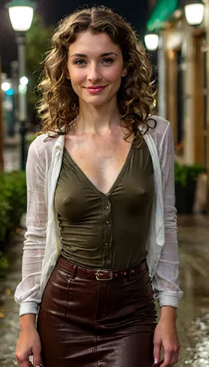 Full body, score_9, a beautiful busty librarian standing on the sidewalk outside a library in the pouring rain at night, ((white and green checkered print buttoned shirt)), long white skirt, ((very thin fabric)), very sexy, ((large 34C breasts)), slender, moist lips, light makeup, narrow triangular face, smile, smile lines, 45 years old, (narrow librarian glasses), ((short short dark brown hair with white white highlights in tight curly ringlets:1.6)), creamy natural realistic skin, big expressive eyes, brown leather belt, (at night in the dark:1.3), erect nipples, ((pokies)), clothes, braless, Wearing, that, make, sense, with, Braless>, Radiant, Darkness, but, <lora:bralessSDXL_v1_00022:1.5>, <lora:add-detail-xl:2>, <lora:233007_training_data:1.5>, <lora:style_lora_realis:2>, <lora:BUT_SDXL_SHS:2>