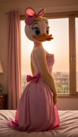 Daisy duck, medium saggy boobs, topless, tits, pink dress, pink ribbon bow on the head, duckbill duck's bill, in the bedroom, silhouette, sun, sunset, orange