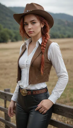 1 German woman, ((just one long braid, red hair)), medium close-up, western, cowboy hat, cowboy leather pants, cowboy boots, cowboy belt, cowboy shirt long sleeves, cowboy leather vest, long cowboy leather coat