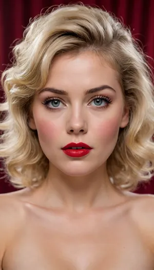 Retro style, vintage, 1980s, 80s, pin-up, woman, blond, messy hair, nude, red lipstick, rosy cheeks