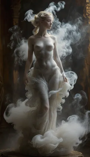 (masterpiece, best quality, ultra-detailed, cinematic lighting, 8k), (Ethereal marble Venus sculpture made of fog:1.2), myst, dissolved silhouette, curving hips and draped hair made of fog, translucent particles glowing with dawn light, volumetric atmosphere, detailed marble texture, artistic macro photography, shallow depth of field, minimalist composition, pale gold and pearl color palette, dark ancient museum background, chiaroscuro, (sculpture made of fog:1.3), in the style of MarbleStatueXL, mentixis, metix, msfg, dress, sm0k3dr3ss, <lora:mentixis:.8>, <lora:fog_creatures_v4:.8>, <lora:Smoke_Shesh_Dress_XL:.8>, <lora:MJ52:.8>
