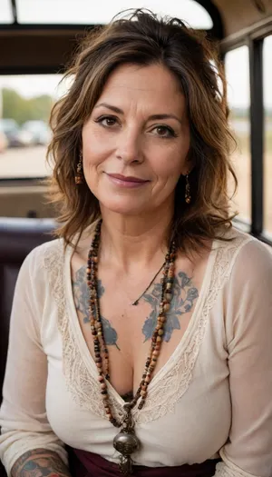57 yo, (Alt Punk Emo Goth), cinematic photo of one mature slightly chubby woman, (No Makeup), (Happy and smiling), (Many Tattoos), (perfect vibrant brown eyes), ((dark brown Boho Hippy hairdo)), (bronze tan), (Cream long sleeve Boho blouse very deep plunge neckline), (medium sized natural saggy breasts, huge oreolas), (beads), innie, closeup, (in vintage travel bus, golden hour), 35mm photograph, film, bokeh, professional, 8k, highly detailed, <lora:add-detail-xl:.7>