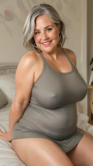 obese, RAW photo, subject, (high detailed skin:1.1), 8k uhd, soft lighting, high quality, film grain, Fujifilm XT3, dynamic angle, 60 years old mature woman, brunette hair with silver highlights, fat, milf, loose low-cut black sleeveless spaghetti strap dress, fair skin, (open mouth), smiling, (show full face), professional portrait, in a bedroom, braless, covered, sagging, nipples, with, pokies, <lora:paislash-10:.1>, <lora:age_slider_v20:2>, <lora:weight_slider_v2:1.5>, <lora:bralessv2:.5>, <lora:pokies_9:.4>