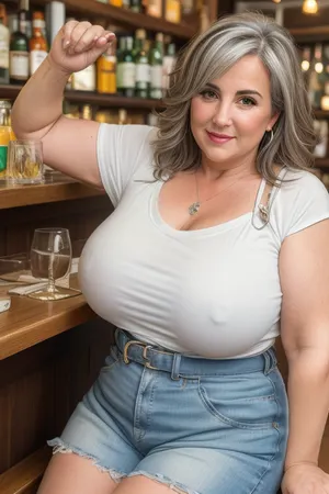 (obese), (mature:1.5), 50 year old mature woman, milf, RAW photo, subject, (high detailed skin:1.1), wrinkles, 8k uhd, soft lighting, white spaghetti strap t-shirt, high quality, film grain, Fujifilm XT3, dynamic angle, brunette hair with silver highlights, fair skin, full body portrait, (show full face), professional portrait, in a bar, paislash, (purse strap in between sagging breasts), strap connected to bag, <lora:paislash-10:.1>