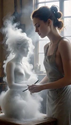 In a sunlit sculpting studio a female sculptor is intently chiseling details on a statue made of fog. msfg, fog, smoke, made, of, <lora:fog_creatures_v4:1.5>, mentixis, metix, <lora:mentixis:.8>, . The sculptor is wearing only an apron. cinematography, detailed skin, detailed eyes, detailed face, best quality, photorealism, masterpiece