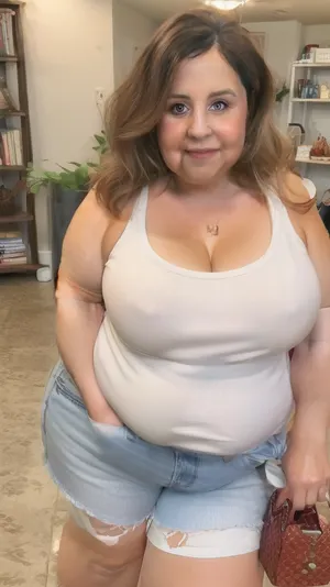 (obese:1.5), (mature:1.5), indoors, 50 year old mature woman, milf, RAW photo, subject, (high detailed skin:1.1), wrinkles, 8k uhd, soft lighting, white sleeveless spaghetti strap t-shirt, tight highwaist shorts, fupa, high quality, film grain, Fujifilm XT3, brunette hair, fair skin, full body portrait, (show full face), professional portrait, cleavage, (purse strap in between sagging breasts, strap connected to her purse), <lora:paislash-10:.3>, <lora:weight_slider_v2:.8>, braless, covered, nipples, <lora:bralessv2:.8>