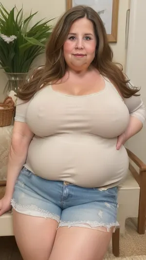 (obese:1.5), (mature:1.5), indoors, 50 year old mature woman, milf, RAW photo, subject, (high detailed skin:1.1), wrinkles, 8k uhd, soft lighting, white sleeveless spaghetti strap t-shirt, tight highwaist shorts, fupa, high quality, film grain, Fujifilm XT3, brunette hair, fair skin, full body portrait, (show full face), professional portrait, cleavage, (purse strap in between sagging breasts, strap connected to her purse), braless, covered, nipples, <lora:paislash-10:.3>, <lora:weight_slider_v2:.8>, <lora:bralessv2:.5>