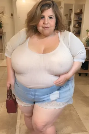 (obese:1.5), (mature:1.5), indoors, 50 year old mature woman, milf, RAW photo, subject, (high detailed skin:1.1), wrinkles, 8k uhd, soft lighting, white sleeveless spaghetti strap t-shirt, tight highwaist shorts, fupa, high quality, film grain, Fujifilm XT3, brunette hair, fair skin, full body portrait, (show full face), professional portrait, cleavage, (purse strap in between sagging breasts, strap connected to her purse), <lora:paislash-10:.3>, <lora:weight_slider_v2:.8>, braless, covered, nipples, <lora:bralessv2:.8>