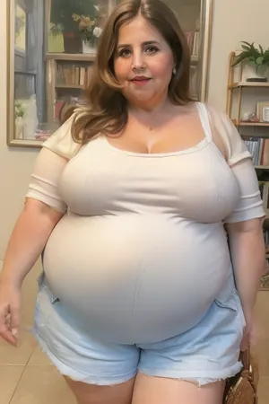 (obese:1.5), (mature:1.5), indoors, 50 year old mature woman, milf, RAW photo, subject, (high detailed skin:1.1), wrinkles, 8k uhd, soft lighting, white sleeveless spaghetti strap t-shirt, tight highwaist shorts, fupa, high quality, film grain, Fujifilm XT3, brunette hair, fair skin, full body portrait, (show full face), professional portrait, cleavage, (purse strap in between sagging breasts, strap connected to her purse), braless, covered, nipples, <lora:paislash-10:.3>, <lora:weight_slider_v2:.8>, <lora:bralessv2:.5>