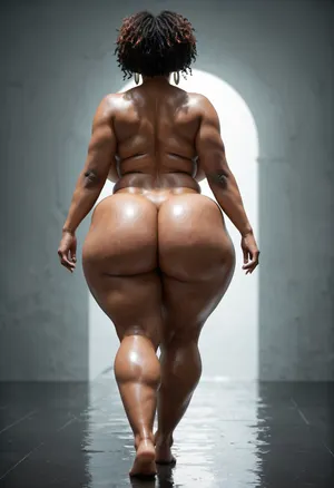 Nude, BBW extremely chubby African women, hyper colossal boobs, extremely large areola, extremely huge puffy nipple, extreme hyper colossal round butts, butts wider and larger than torso, thin waist, walking on nude fashion ramp, back view