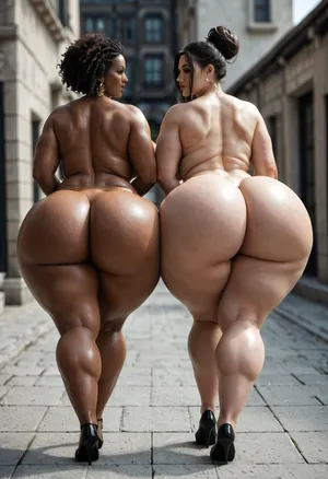 Nude, BBW extremely chubby African women, hyper colossal boobs, extremely large areola, extremely huge puffy nipple, extreme hyper colossal round butts, butts wider and larger than torso, thin waist, walking on nude fashion ramp, back view
