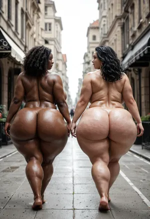 Nude, BBW extremely chubby African women, hyper colossal boobs, extremely large areola, extremely huge puffy nipple, extreme hyper colossal round butts, butts wider and larger than torso, thin waist, walking on nude fashion ramp, back view