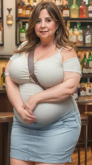 (obese:1.5), (mature:1.5), 50 year old mature woman, milf, RAW photo, subject, (high detailed skin:1.1), wrinkles, 8k uhd, soft lighting, light spaghetti strap t-shirt, high quality, film grain, Fujifilm XT3, dynamic angle, brunette hair, fair skin, full body portrait, (show full face), professional portrait, in a bar, paislash, (purse strap in between sagging breasts), strap connected to bag, <lora:paislash-10:.5>