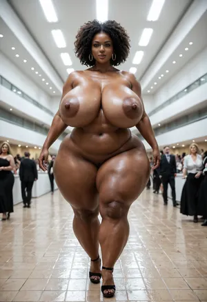 Nude, BBW extremely chubby African women, hyper colossal boobs, extremely large areola, extremely huge puffy nipple, extreme hyper colossal round butts, butts wider and larger than torso, thin waist, walking on nude fashion show, front view